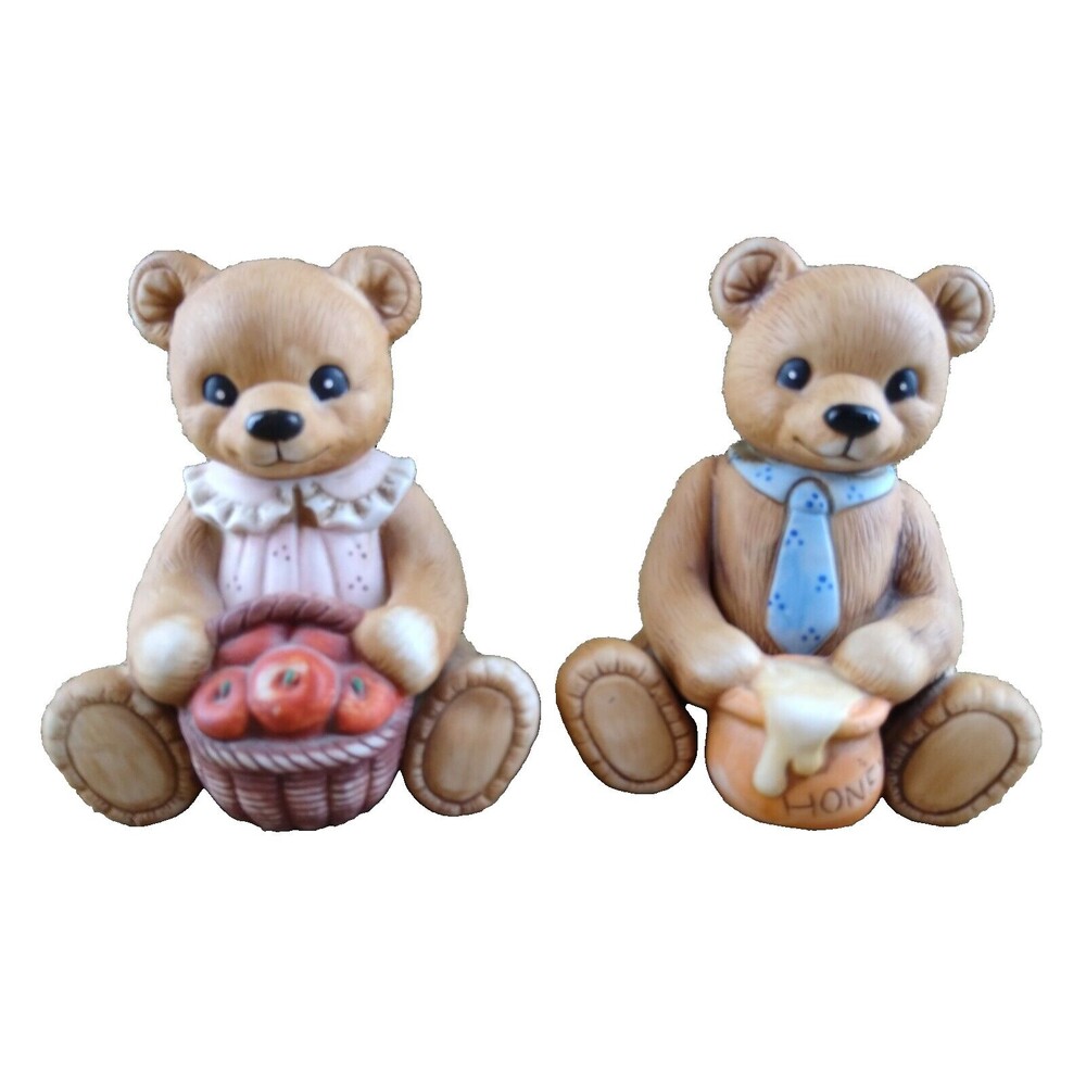 Porcelain Teddy Bear Figurines Set Boy w Honey and Girl w Apples Vintage Homco